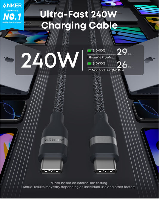 USB-C to USB-C Cable (3 ft / 6 ft, 240W, Upcycled-Braided) by Anker