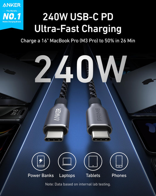 Prime USB-C to USB-C Cable (240W, Upcycled-Braided) by Anker