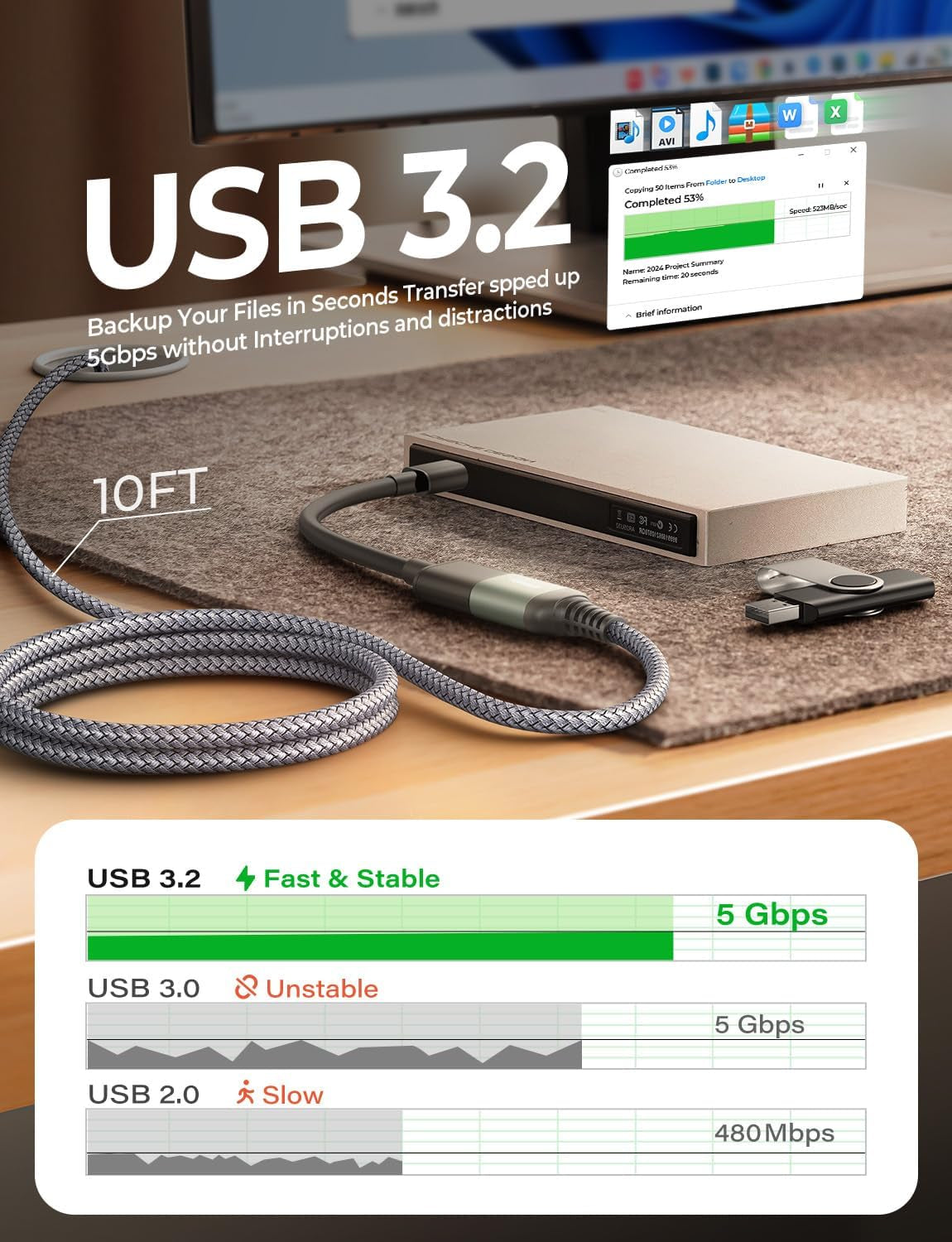 USB Extension Cable 10FT USB 3.0 Extender Male to Female Cord Grey