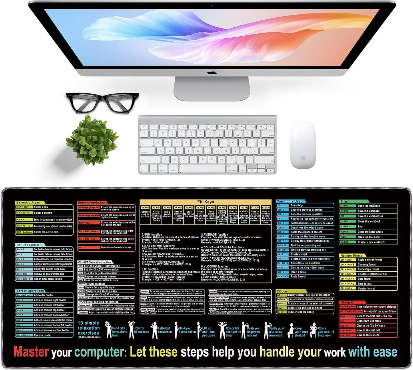Excel Mouse Pad 35.4 X 15.7In, Excel Shortcuts Mouse Pad Provide Quick Convenience for Office Users, Smooth Surface & Non-Slip Base Large Mousepad for Office, School & Games
