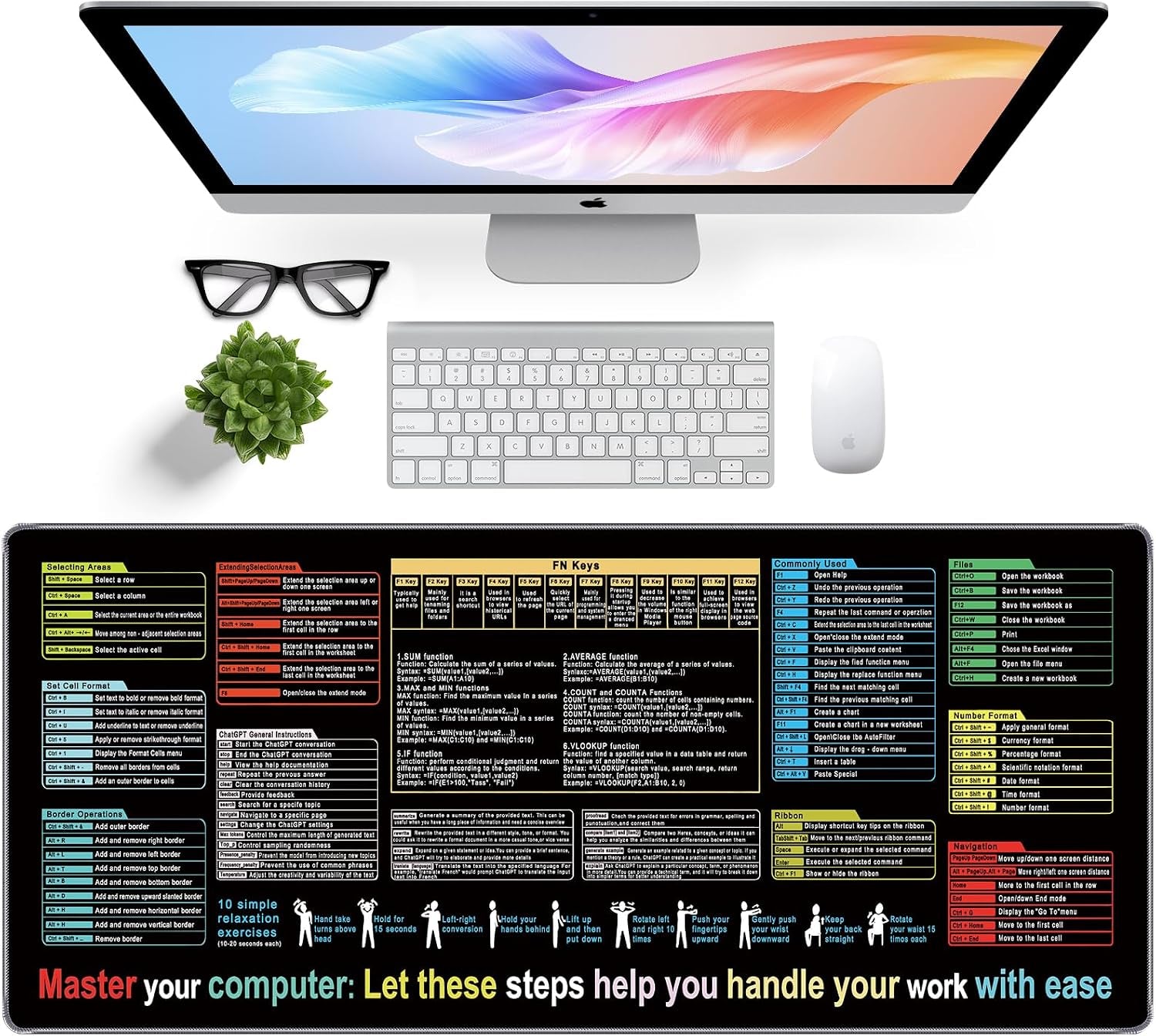 Excel Mouse Pad 35.4 X 15.7In, Excel Shortcuts Mouse Pad Provide Quick Convenience for Office Users, Smooth Surface & Non-Slip Base Large Mousepad for Office, School & Games