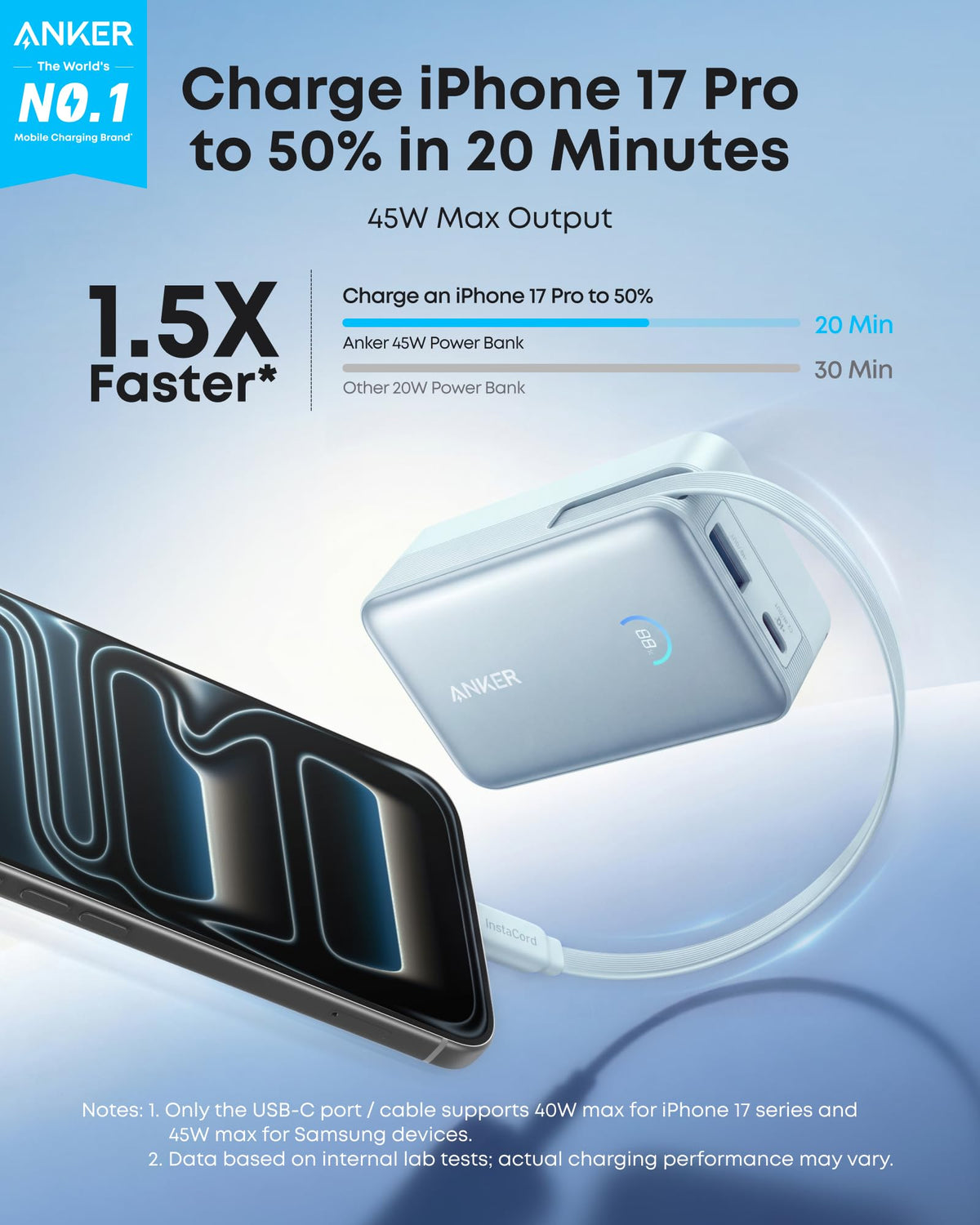 Nano Power Bank (10K, 45W, Built-In Retractable USB-C Cable) by Anker
