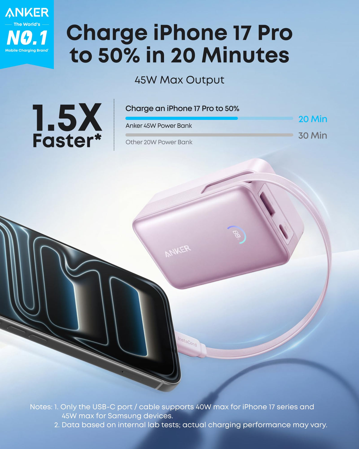 Nano Power Bank (10K, 45W, Built-In Retractable USB-C Cable) by Anker