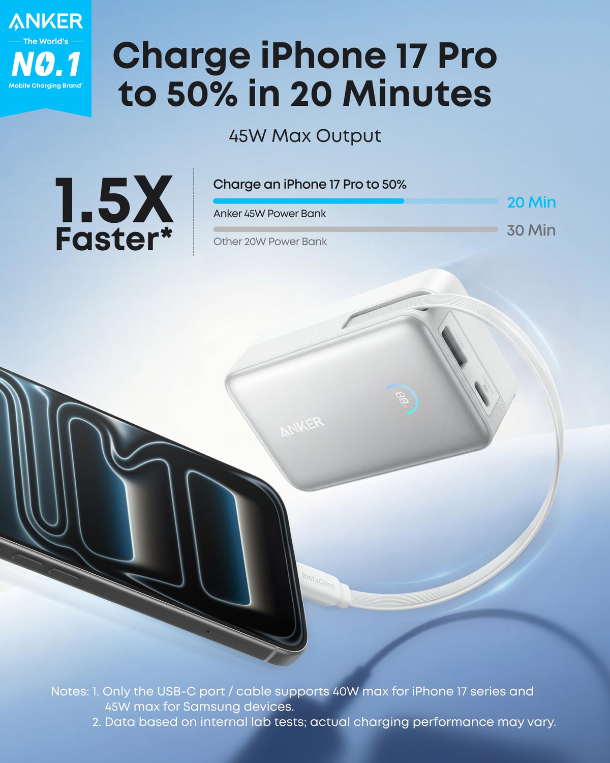 Nano Power Bank (10K, 45W, Built-In Retractable USB-C Cable) by Anker