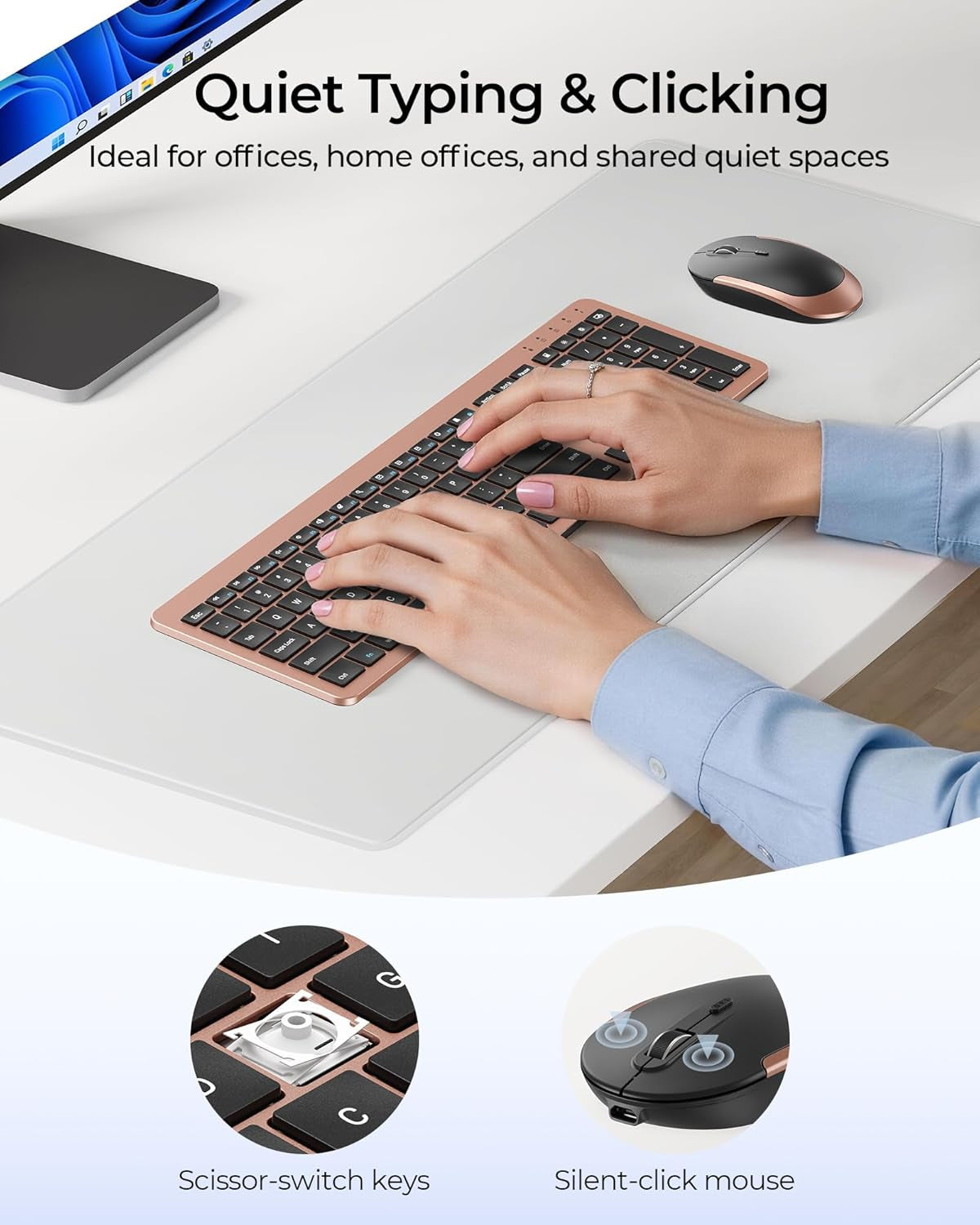 Rechargeable Wireless Keyboard and Mouse Combo, Rose Gold & Black