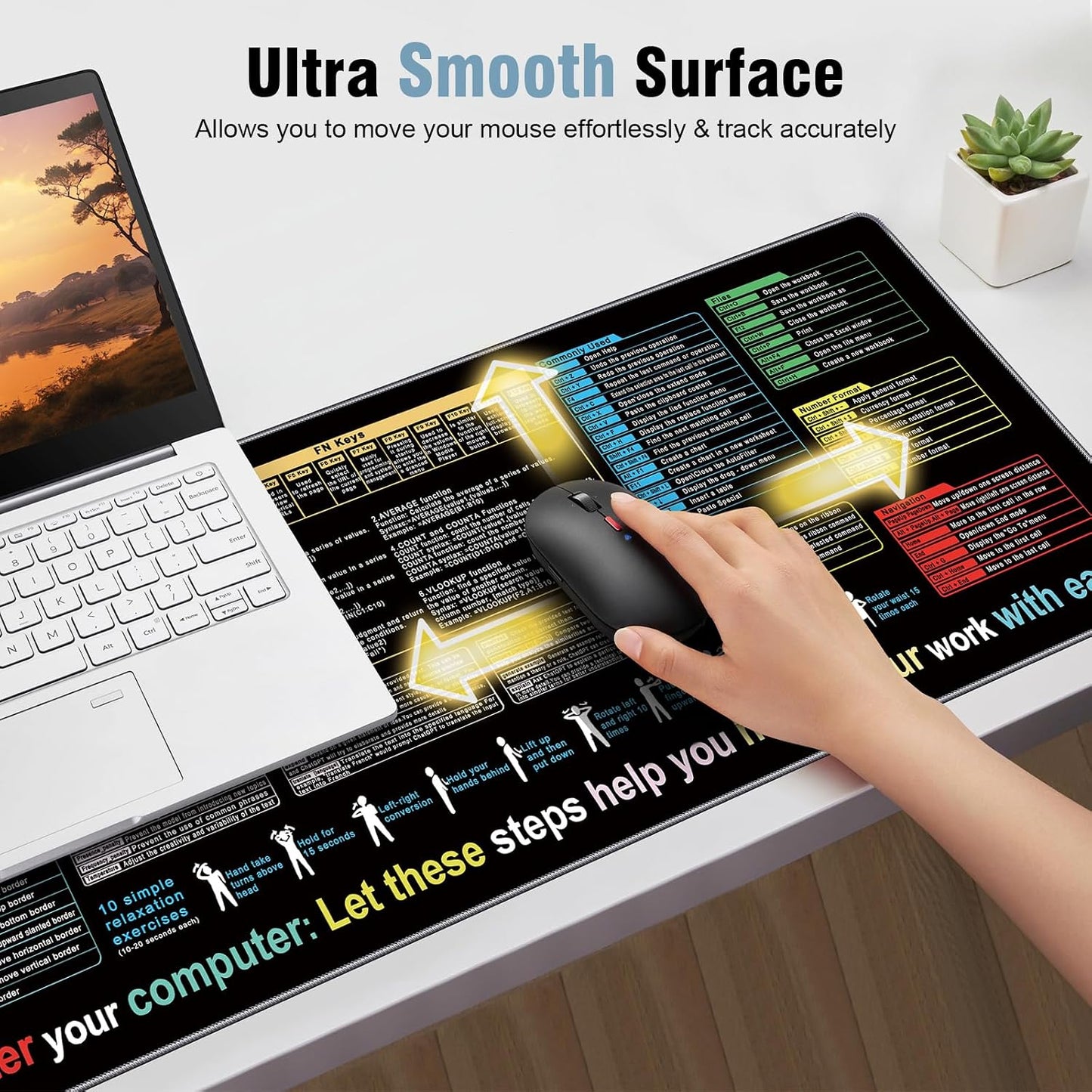 Excel Mouse Pad 35.4 X 15.7In, Excel Shortcuts Mouse Pad Provide Quick Convenience for Office Users, Smooth Surface & Non-Slip Base Large Mousepad for Office, School & Games