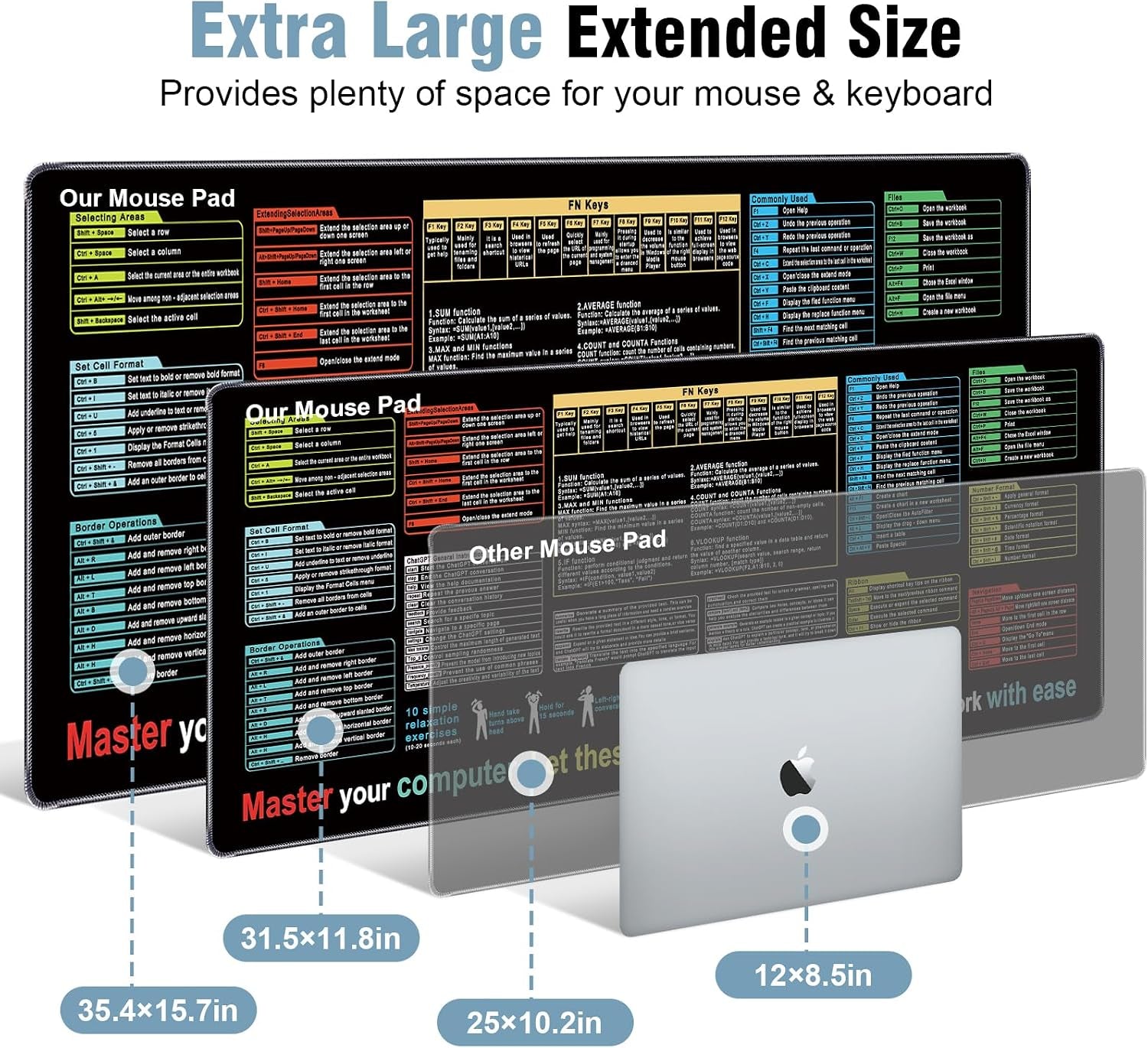 Excel Mouse Pad 35.4 X 15.7In, Excel Shortcuts Mouse Pad Provide Quick Convenience for Office Users, Smooth Surface & Non-Slip Base Large Mousepad for Office, School & Games