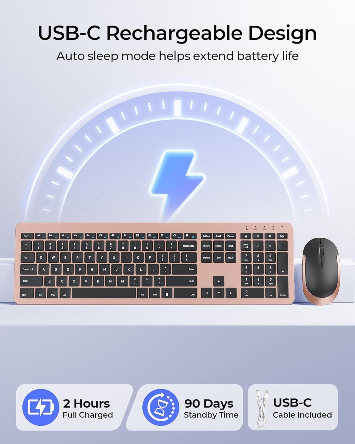 Rechargeable Wireless Keyboard and Mouse Combo, Rose Gold & Black