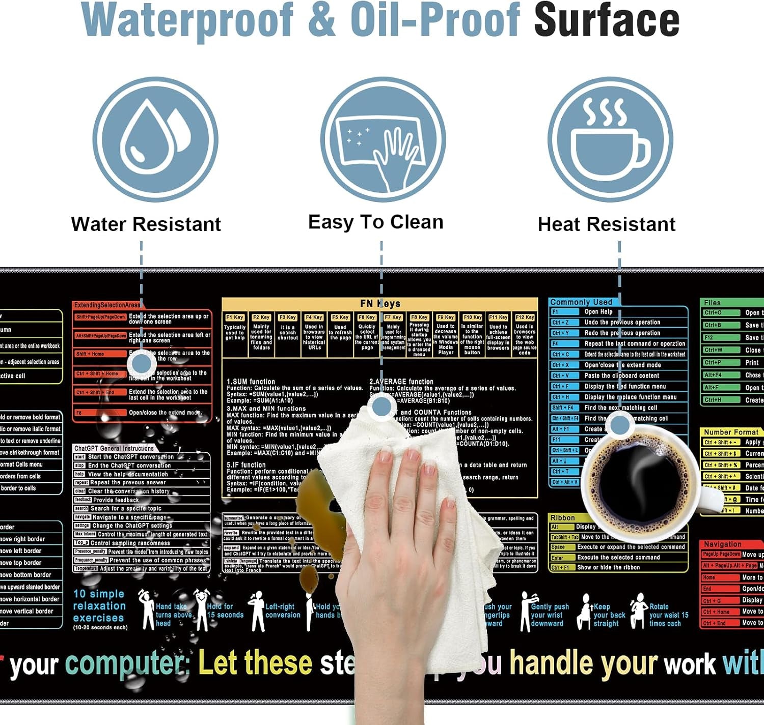 Excel Mouse Pad 35.4 X 15.7In, Excel Shortcuts Mouse Pad Provide Quick Convenience for Office Users, Smooth Surface & Non-Slip Base Large Mousepad for Office, School & Games