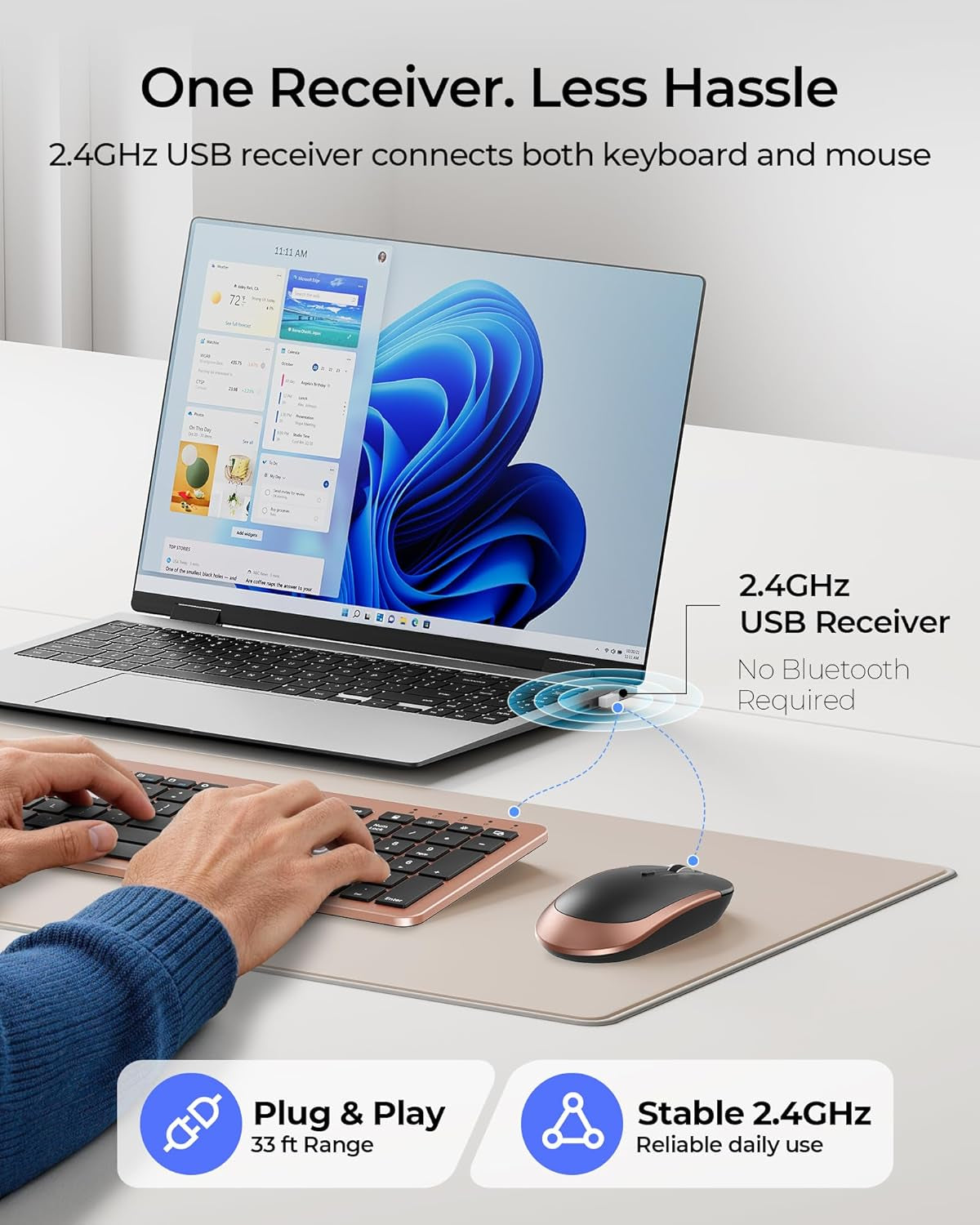 Rechargeable Wireless Keyboard and Mouse Combo, Rose Gold & Black